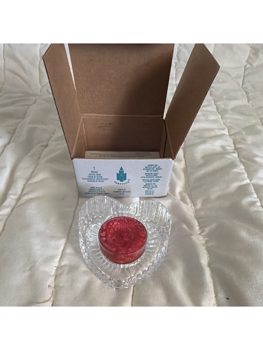 PartyLite P0507 Crystal Heart Candle Holder Clear w/ Red Votive in Box